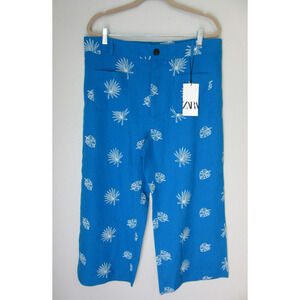 ZARA Blue Embroidered Tropical Plants Pattern XXL Resortwear Casual Pants